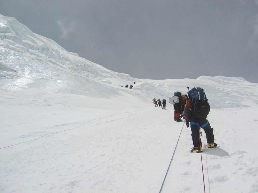 Stuart ascending the fixed ropes between ABC and the north col on Everest